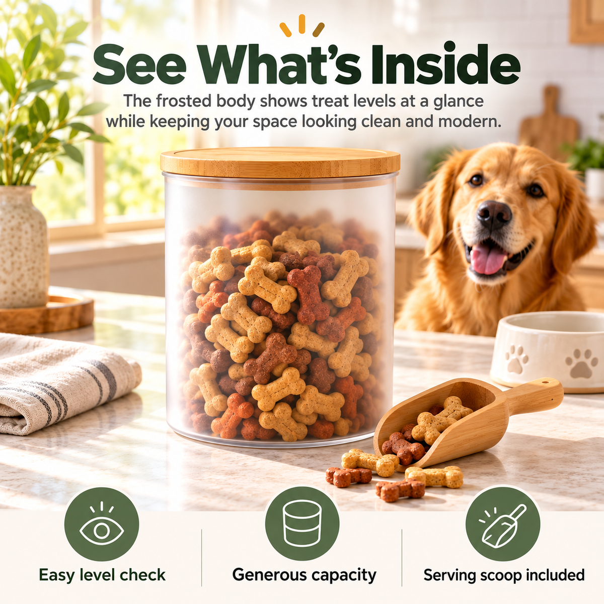 swewt®Bamboo Lid Pet Treat Storage Jar with Scoop