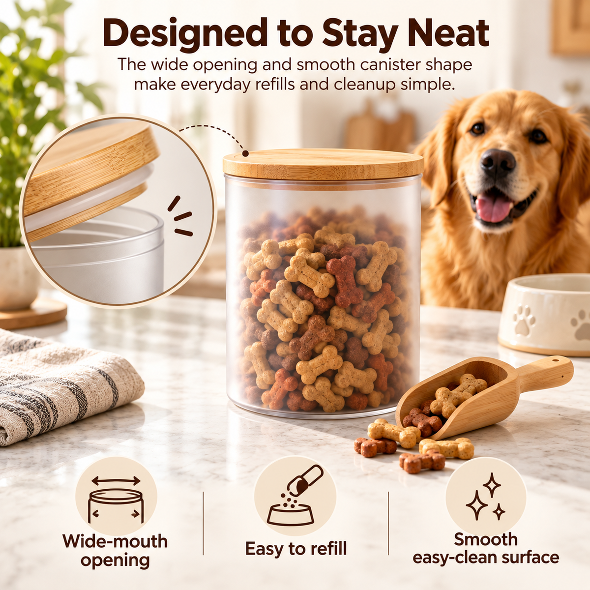 swewt®Bamboo Lid Pet Treat Storage Jar with Scoop
