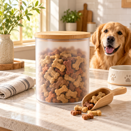 swewt®Bamboo Lid Pet Treat Storage Jar with Scoop