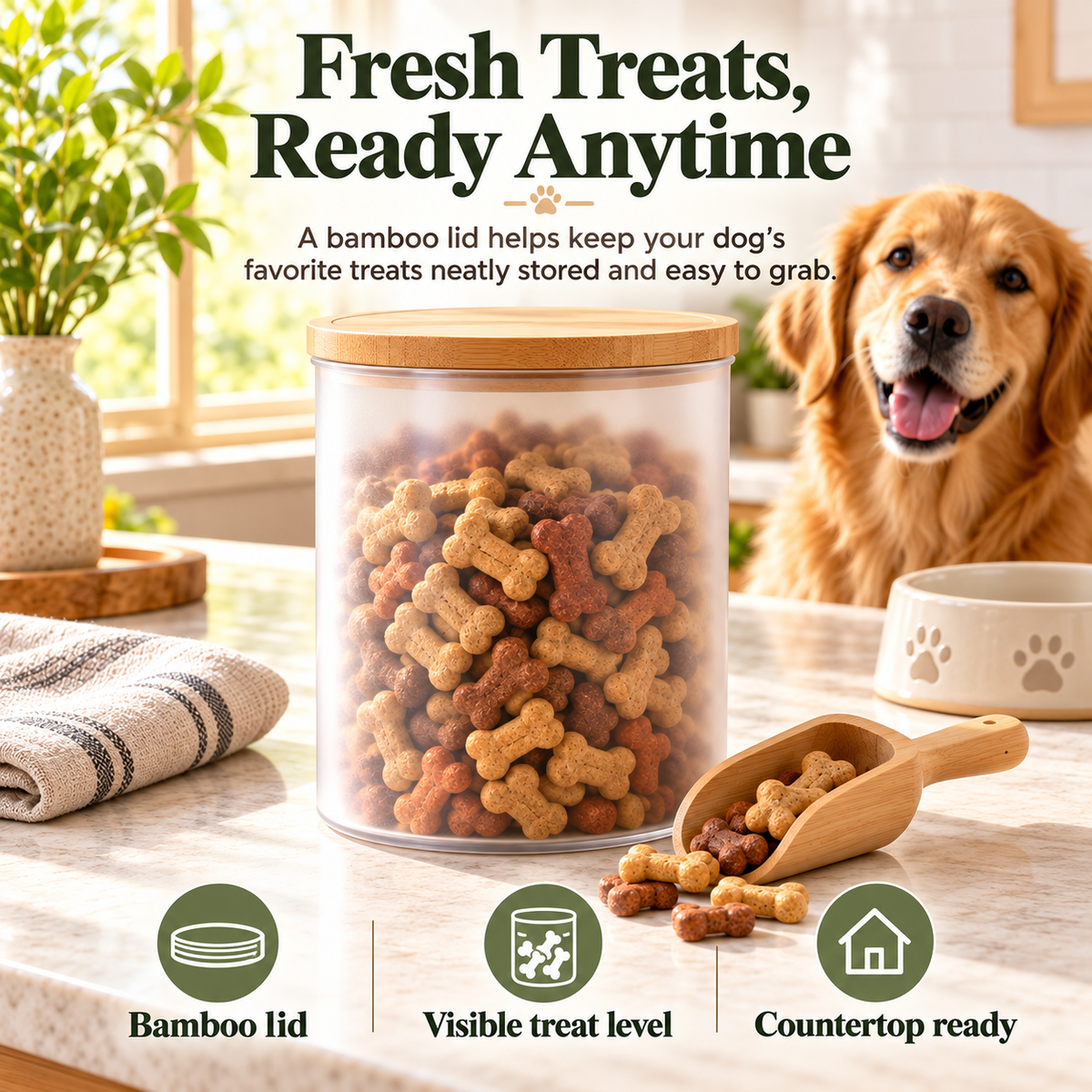swewt®Bamboo Lid Pet Treat Storage Jar with Scoop
