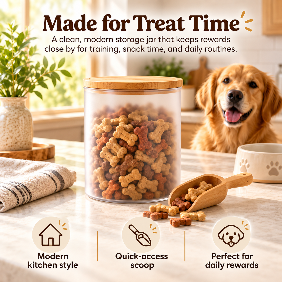 swewt®Bamboo Lid Pet Treat Storage Jar with Scoop