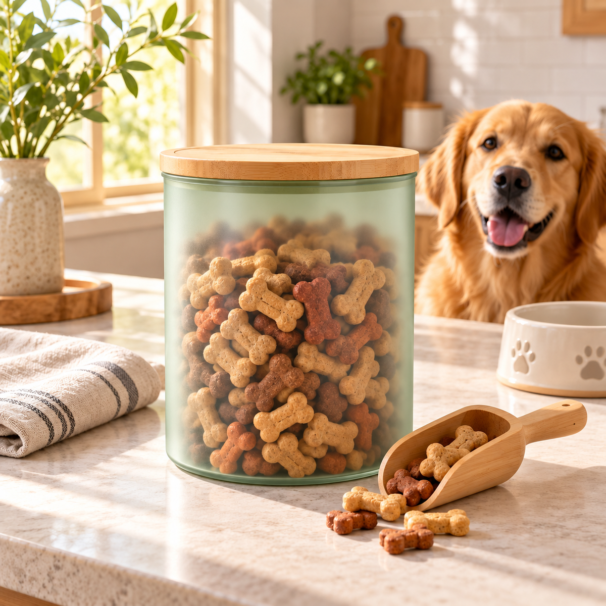 swewt®Bamboo Lid Pet Treat Storage Jar with Scoop